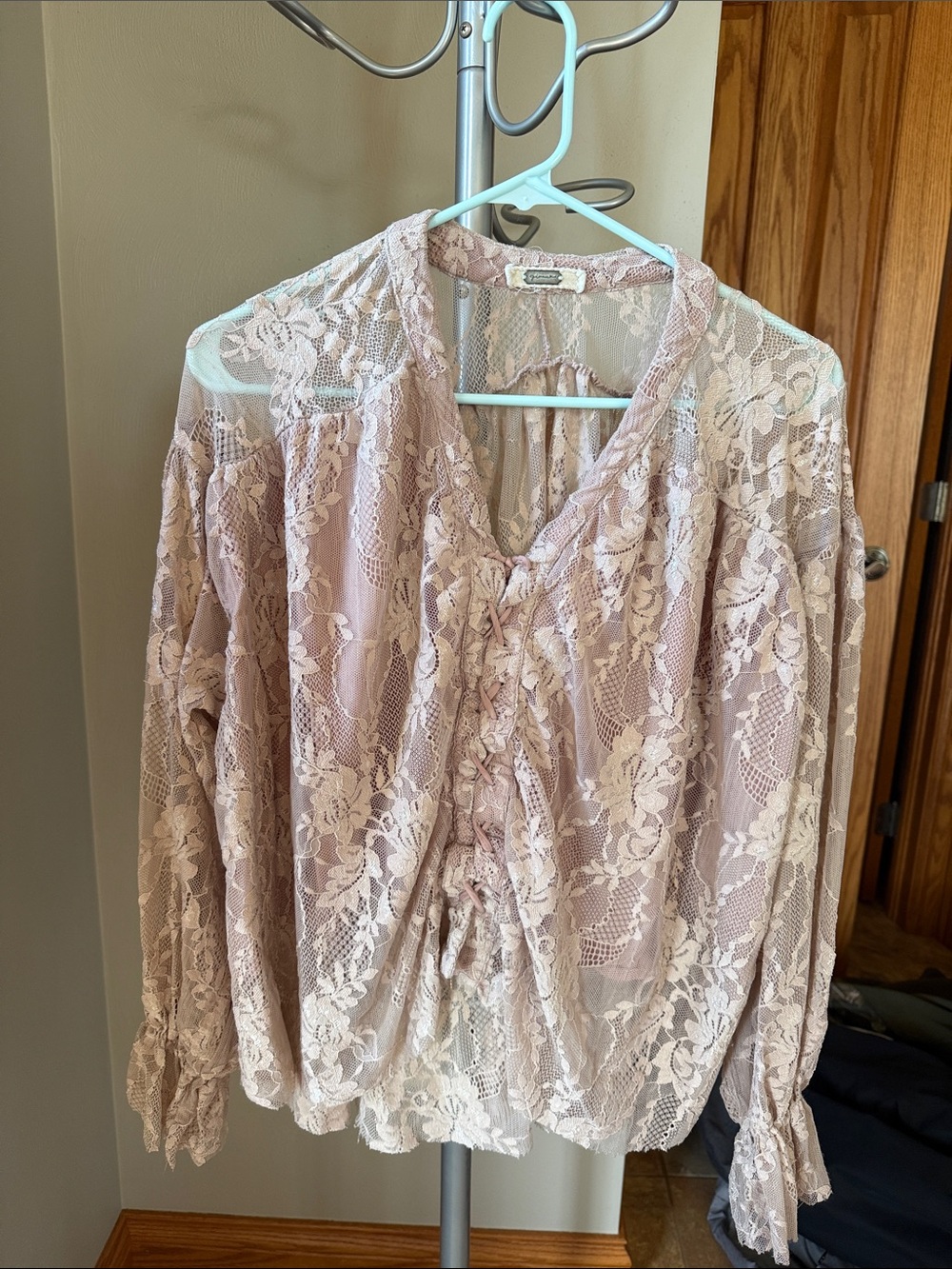 Lace Tie-Front Blouse - Blush Pink